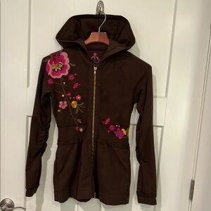 Johnny Was JW Los Angeles Embroidered Floral Full Zip Hoodie Jacket Womens SZ XS